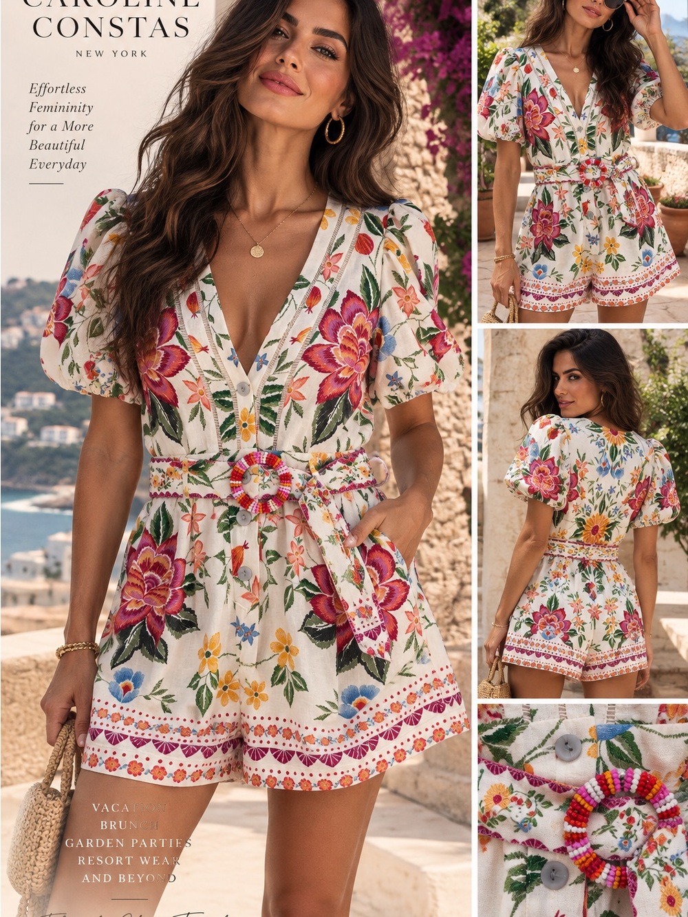 Caroline Constas Floral Embroidered Romper Dress Puff Sleeve Belted